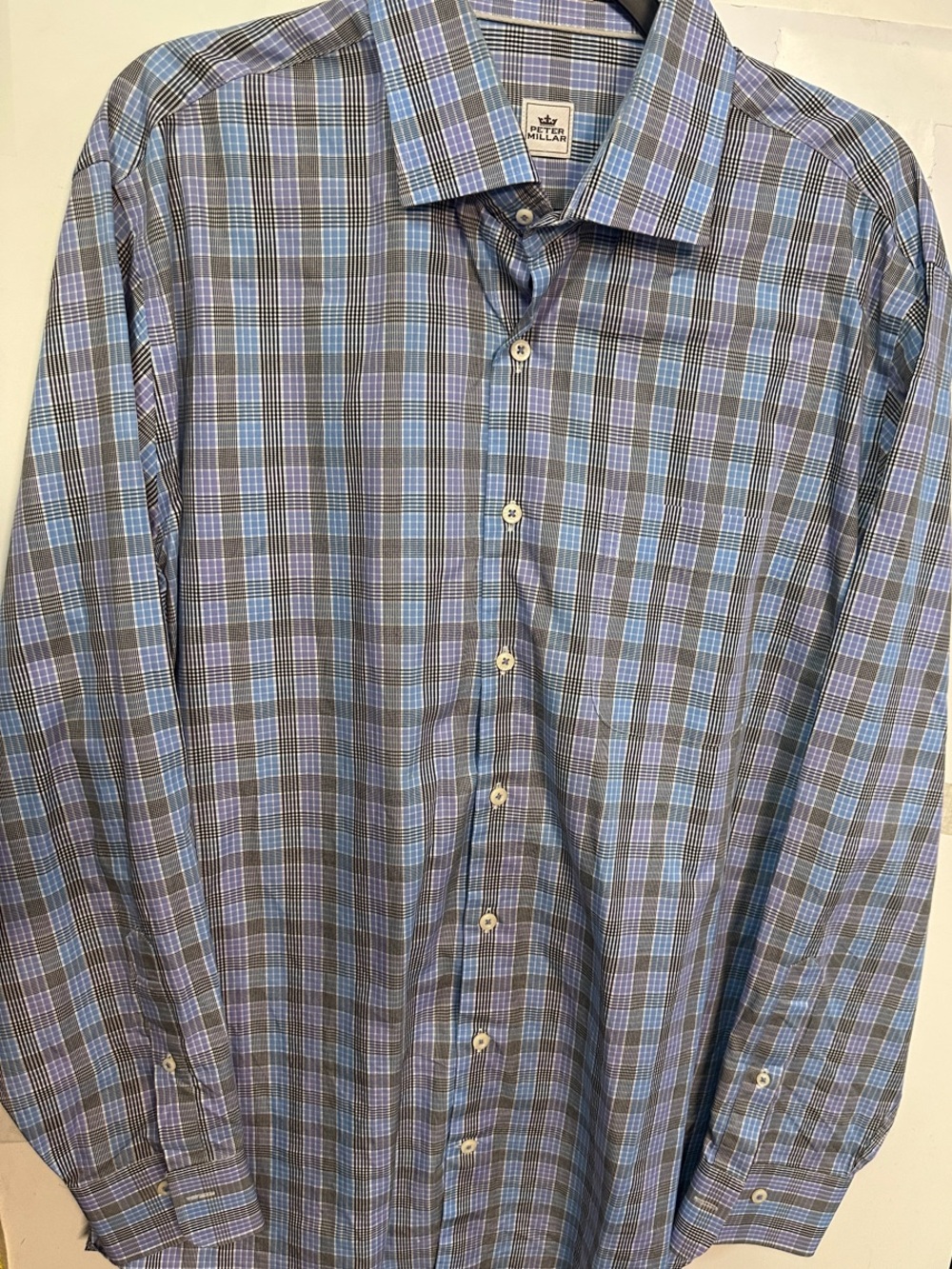 Peter Millar Blue and Gray Plaid Button-Down Shirt size large